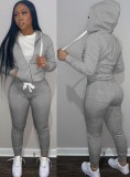 Fall Casaul Grey Solid Hoodies And Pant Tracksuit