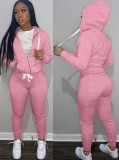 Fall Casaul Pink Solid Hoodies And Pant Tracksuit