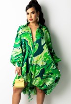 Fall Green Print Button Up Puff Sleeve Oversize Casual Blouse Dress
