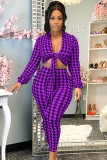 Fall Sexy Purple Frint Tie-knotted Long Sleeve Crop Top and Skinny Pants Set