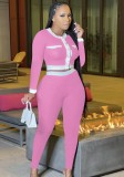 Fall Causal Pink Contrast White Tape Long Sleeve Crop Top And Pant Set