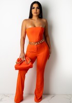 Summer Sexy Orange Strapless Pleat Top And Pant Set