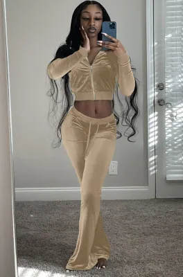 Fall Casual Khaki Crop Top And Pants 2 Piece Velvet Tracksuit