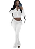 Fall Casual White Crop Top And Pants 2 Piece Velvet Tracksuit