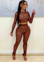 Fall Fashion Brown Line Print Long Sleeve Crop Top And Pant Two Piece Set