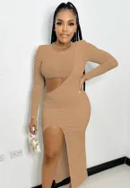 Fall Sexy Khaki Round Neck One Sleeve Crop Top And Matching Irregular Dress Set