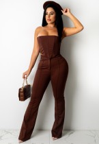 Summer Sexy Brown Strapless Pleat Top And Pant Set