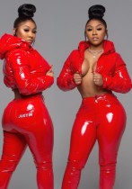 Winter Casual Red Pu Leather Long Sleeve With Hood Short Jacket And Pant Set