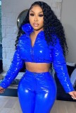 Winter Casual Blue Pu Leather Long Sleeve With Hood Short Jacket And Pant Set