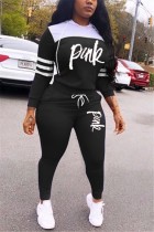 Fall Plus Size Sport Black With White Letter Print Long Sleeve Top And Pant Tracksuit