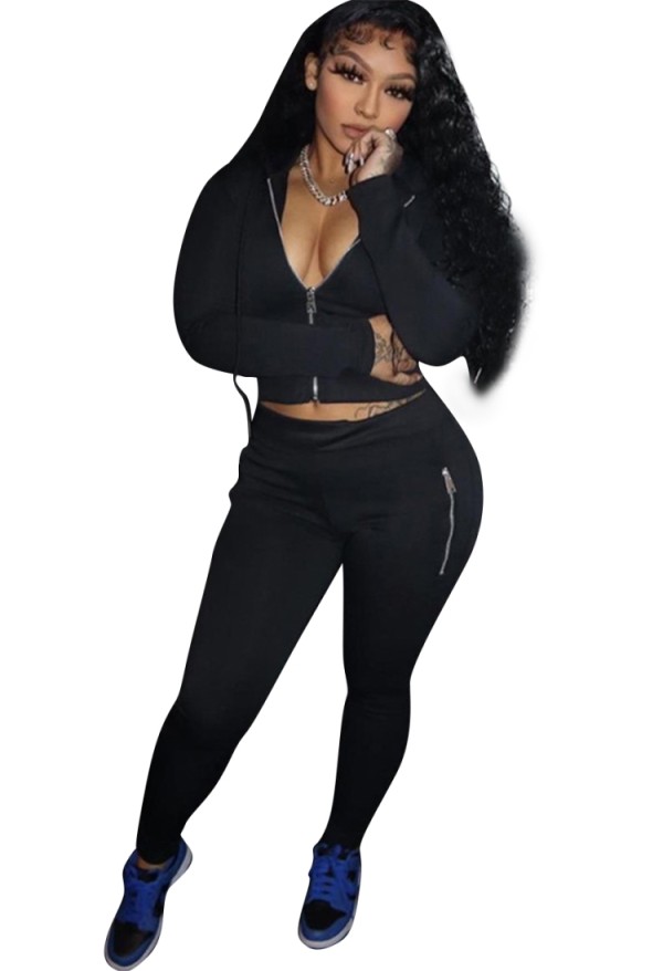 Winter Casual Black Zipper Pocket Long Sleeve Hoodies An Pant Two Piece Set