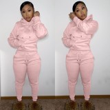 Winter Casual Pink Kangaroo Pocket Long Sleeve Hoodies And Pant Set