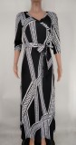Fall Sexy Black Printed Wrap Neck Long Sleeve Maxi Gown with Belt