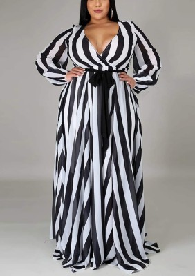 Fall Plus Size Stripes Printed Wrap V Neck Long Sleeve Maxi Dress with Belt