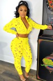 Fall Sexy Yellow Hollow Out Zipper Long Sleeve Crop Top And Pant Two Piece Set