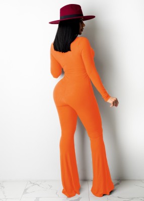 Fall sexy orange keyhole lace-up long sleeve flare jumpsuit