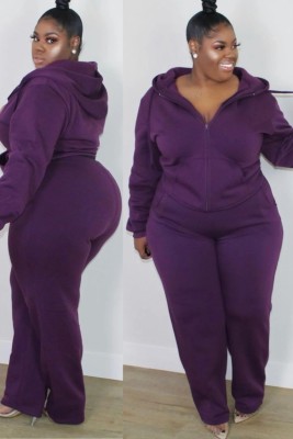 Fall Plus Size Casual Purple Long Sleeve Hoodies And Pant Set