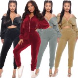 Fall Sexy Gray Velvet Zipper Turndown Neck Two Piece Tracksuits