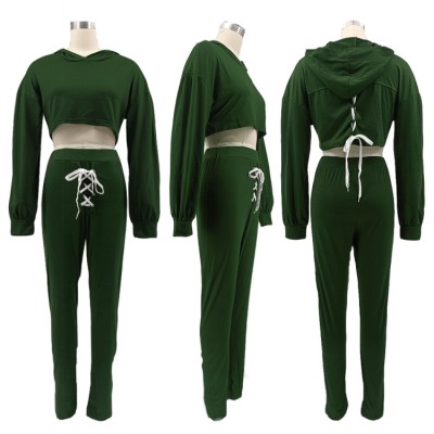 Fall Casual Green Long Sleeve Hood Laced Up Crop Top And Pant Set