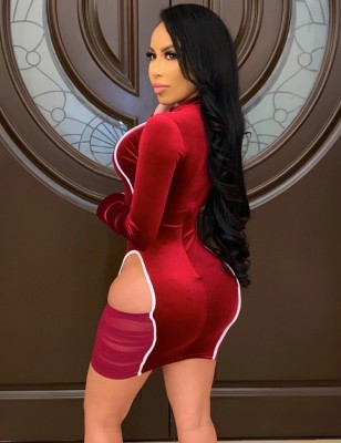 Fall Sexy Red Velvet Round Neck Long Sleeve Cutout Bodycon Dress
