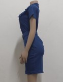 Fall Sexy Blue Turndown Neck Short Sleeve Zipper Bodycon Denim Dress with Belt