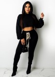 Fall Casual Black Long Sleeve Hood Laced Up Crop Top And Pant Set
