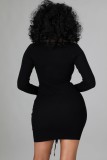 Fall Sexy Black Cut Out Laced Up Long Sleeve Midi Dress