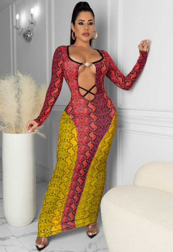 Fall Sexy Colors Contrast Snakeskin Printed Hollow Out Long Sleeve Long Dress