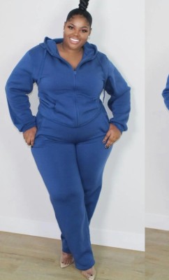 Fall Plus Size Casual Blue Long Sleeve Hoodies And Pant Set
