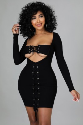 Fall Sexy Black Cut Out Laced Up Long Sleeve Midi Dress