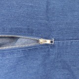 Fall Sexy Blue Turndown Neck Short Sleeve Zipper Bodycon Denim Dress with Belt