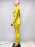 Fall Sexy Yellow Hollow Out Zipper Long Sleeve Crop Top And Pant Two Piece Set