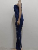 Fall Sexy Blue Straps Ripped Hole Flare Denim Jumpsuit