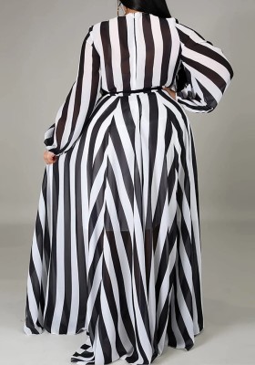 Fall Plus Size Stripes Printed Wrap V Neck Long Sleeve Maxi Dress with Belt