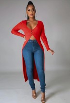 Fall Sexy Red Button Long Sleeve Rope Dress