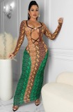 Fall Sexy Colors Contrast Snakeskin Printed Hollow Out Long Sleeve Long Dress