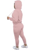 Winter Casual Pink Kangaroo Pocket Long Sleeve Hoodies And Pant Set
