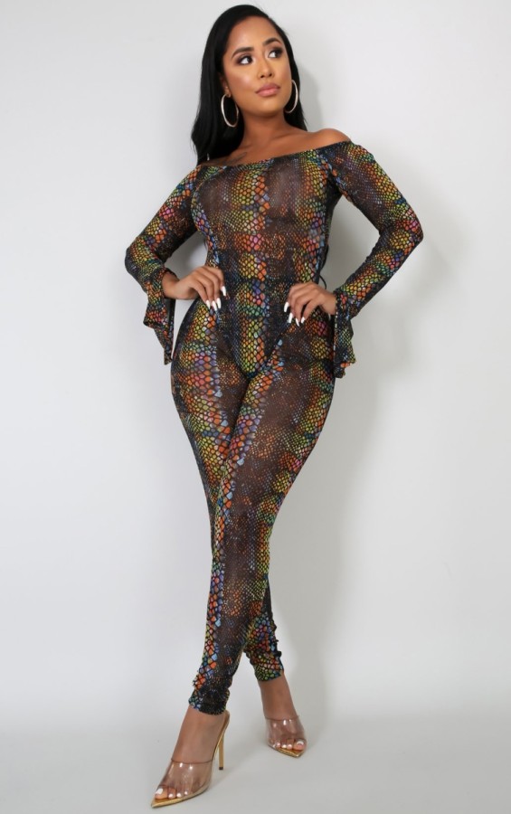 Fall Sexy Multi Color Print Off Shoulder Long Sleeve Bodysuit and Matching Skinny Pants Set