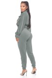 Fall Sexy Gray Velvet Zipper Turndown Neck Two Piece Tracksuits