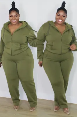 Fall Plus Size Casual Green Long Sleeve Hoodies And Pant Set