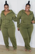 Fall Plus Size Casual Green Long Sleeve Hoodies And Pant Set