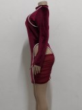 Fall Sexy Red Velvet Round Neck Long Sleeve Cutout Bodycon Dress