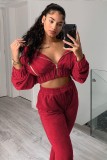Fall Sexy Red Velvet Zipper Turndown Neck Two Piece Tracksuits