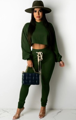 Fall Casual Green Long Sleeve Hood Laced Up Crop Top And Pant Set