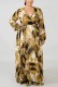 Fall Plus Size Retro Printed Wrap V Neck Long Sleeve Maxi Dress with Belt