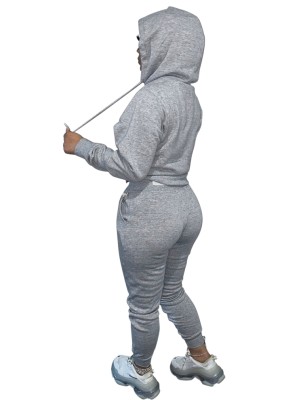 Winter Casual Grey Kangaroo Pocket Long Sleeve Hoodies And Pant Set