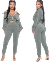 Fall Sexy Gray Velvet Zipper Turndown Neck Two Piece Tracksuits