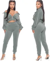 Fall Sexy Gray Velvet Zipper Turndown Neck Two Piece Tracksuits