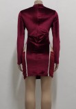 Fall Sexy Red Velvet Round Neck Long Sleeve Cutout Bodycon Dress