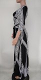 Fall Sexy Black Printed Wrap Neck Long Sleeve Maxi Gown with Belt